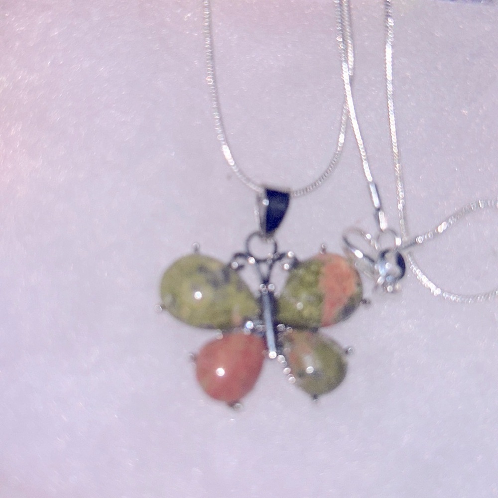 Boho hippie Unakite Butterfly Sterling Silver 16” Necklace - Picture 6 of 6